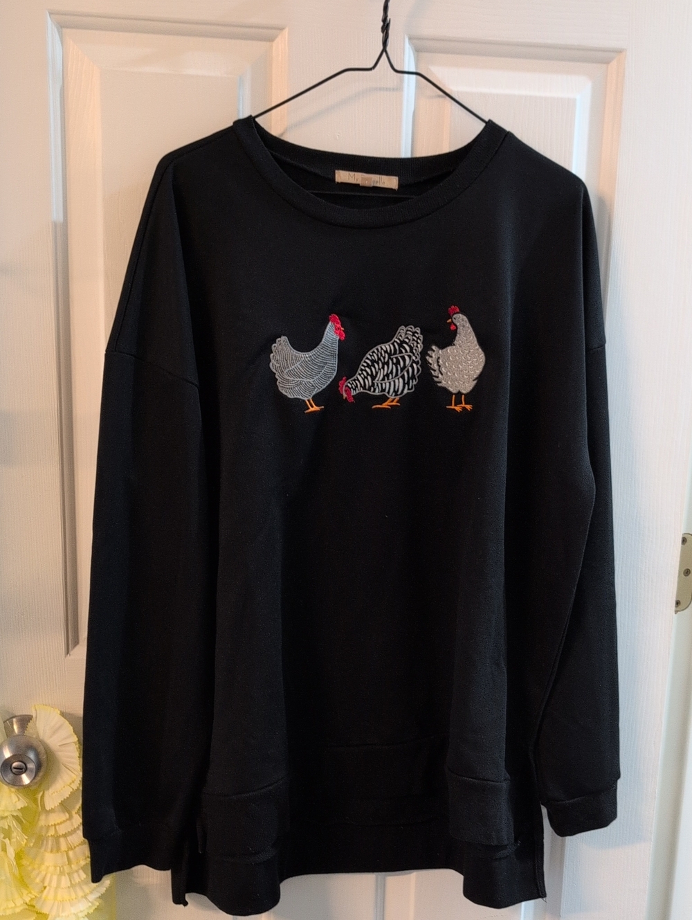 Black Embroidered Chicken Crewneck